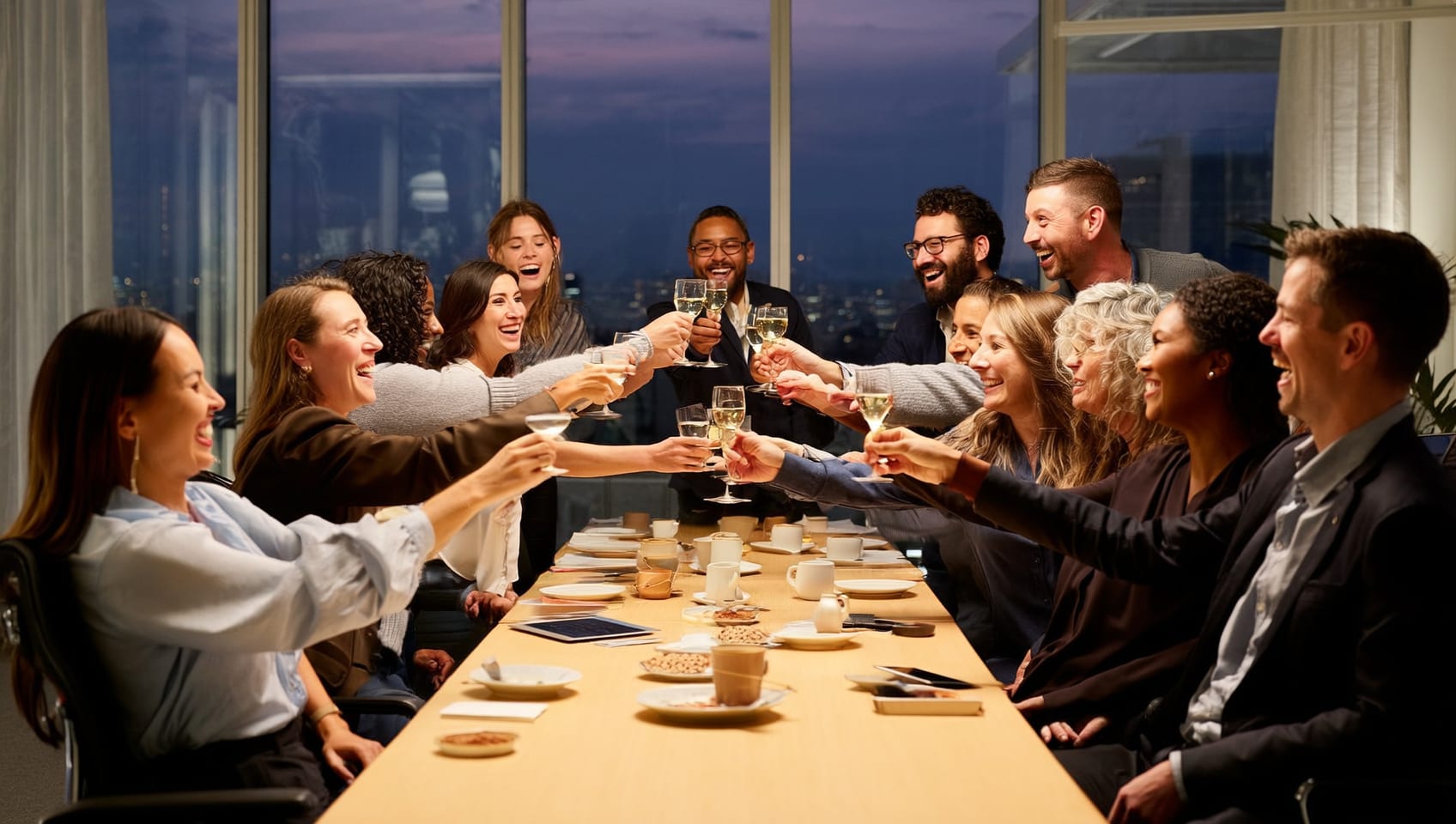 Colleagues of many nationalities and generations sharing a toast around a long table at dusk