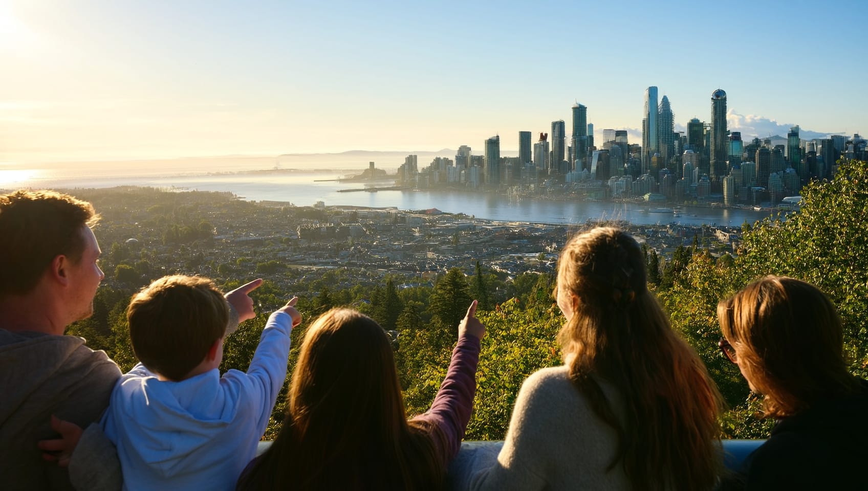 Friends and families of many nationalities taking in the Vancouver skyline together from a sunlit lookout